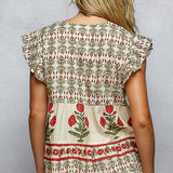 V-Neck Floral Pattern Ruffle Sleeve Top