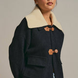 Toggle Front Knit Jacket With Contrast Collar