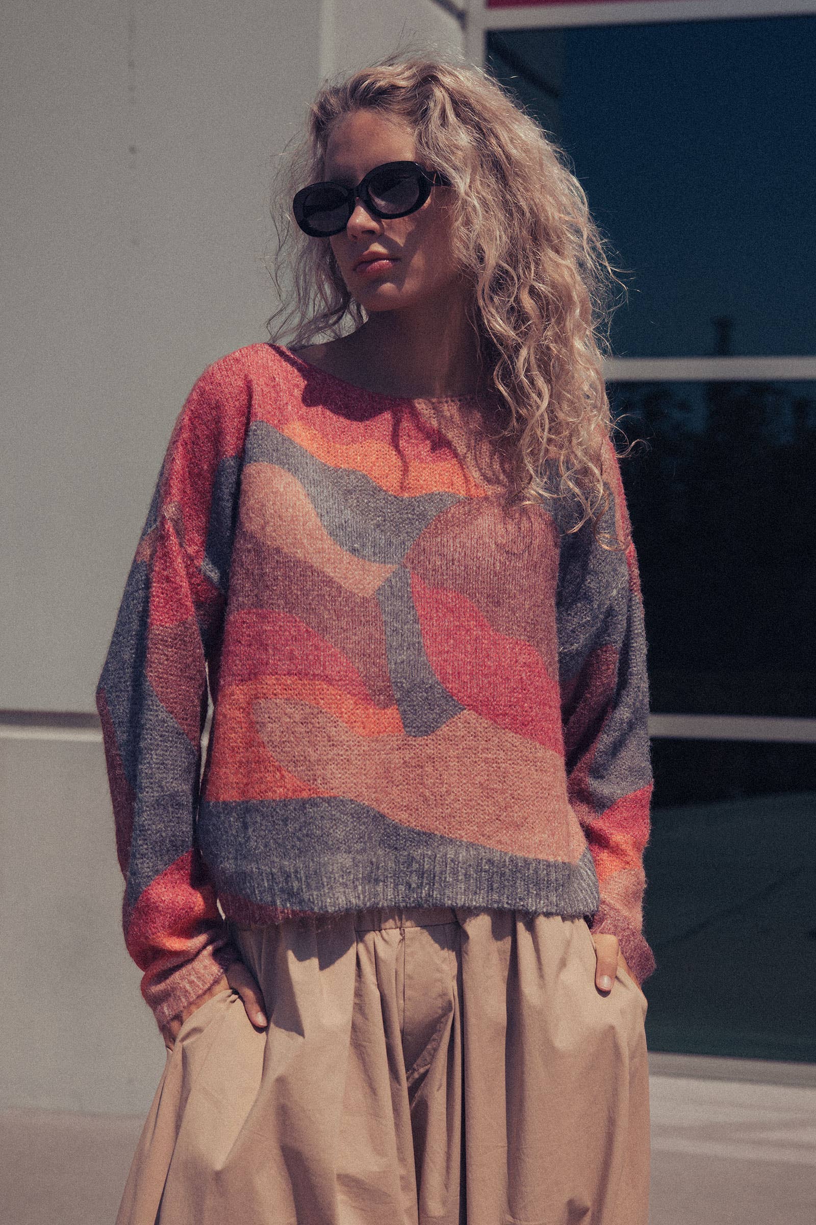 Abstract Pattern Boxy Fuzzy Knit Sweater