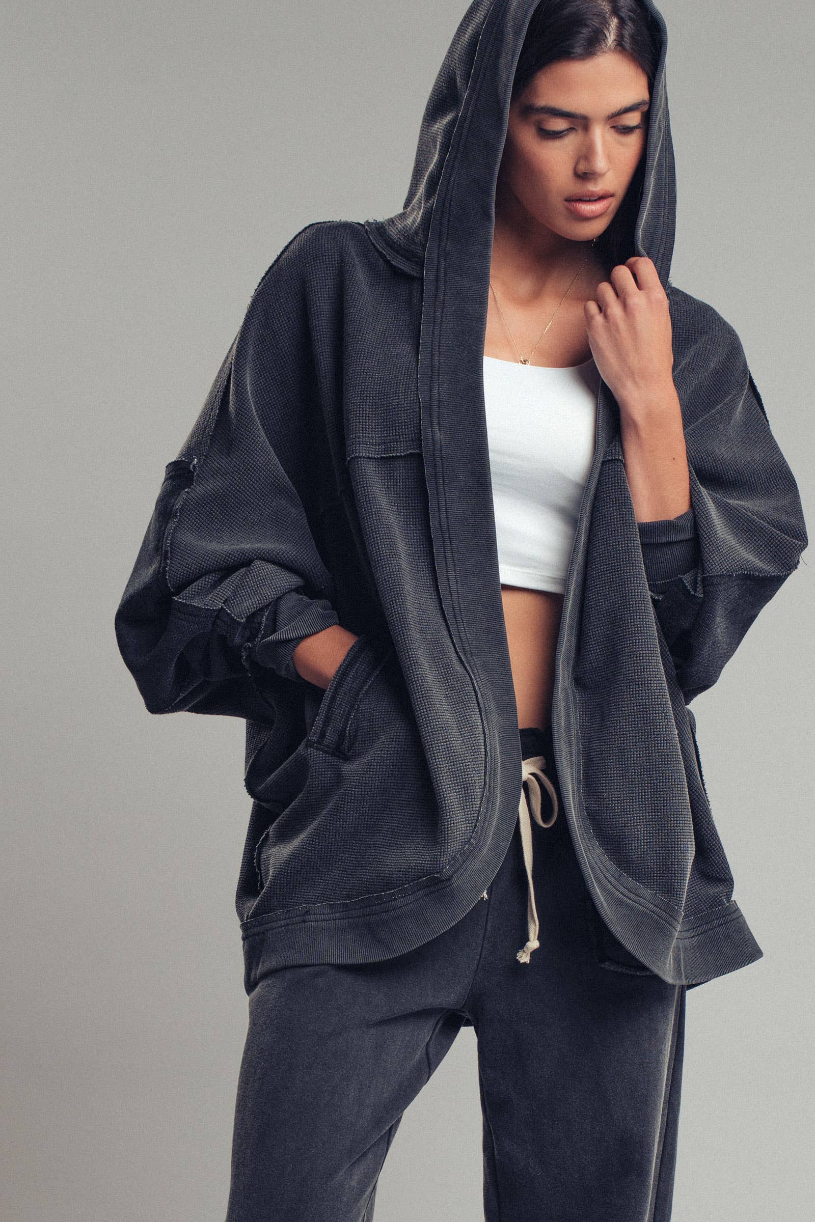 Washed Waffle Knit Hooded Cardigan