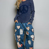 Vintage Washing Solid Peace Stud Outseam Thermal Knit Top