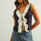 J7053   CROCHET KNIT VEST TOP WITH RUFFLE DETAIL