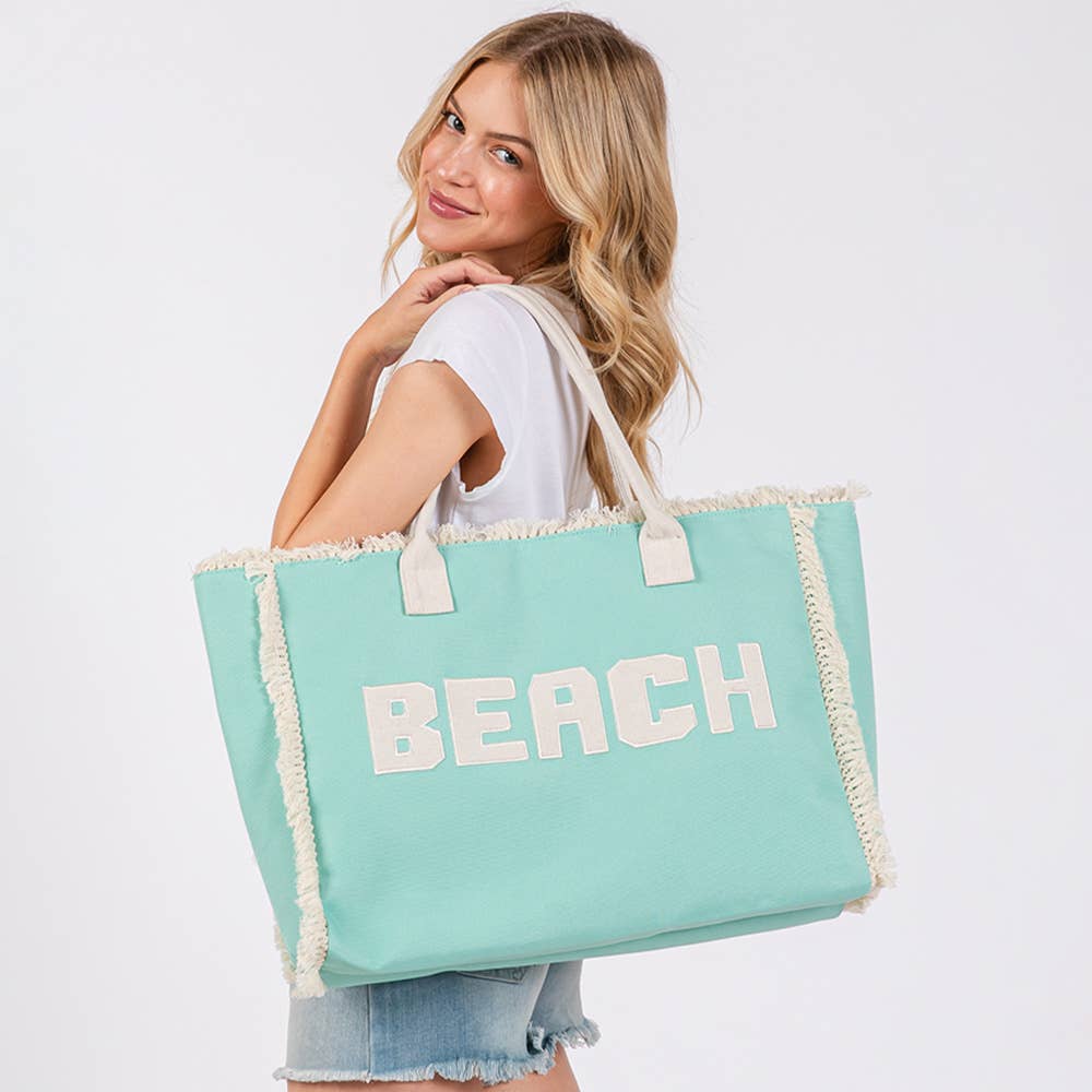 "Beach" Embroidered Fringe Tote Bag