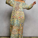 Long Sleeve Shirred Neckline Maxi Length Woven Printed Dress
