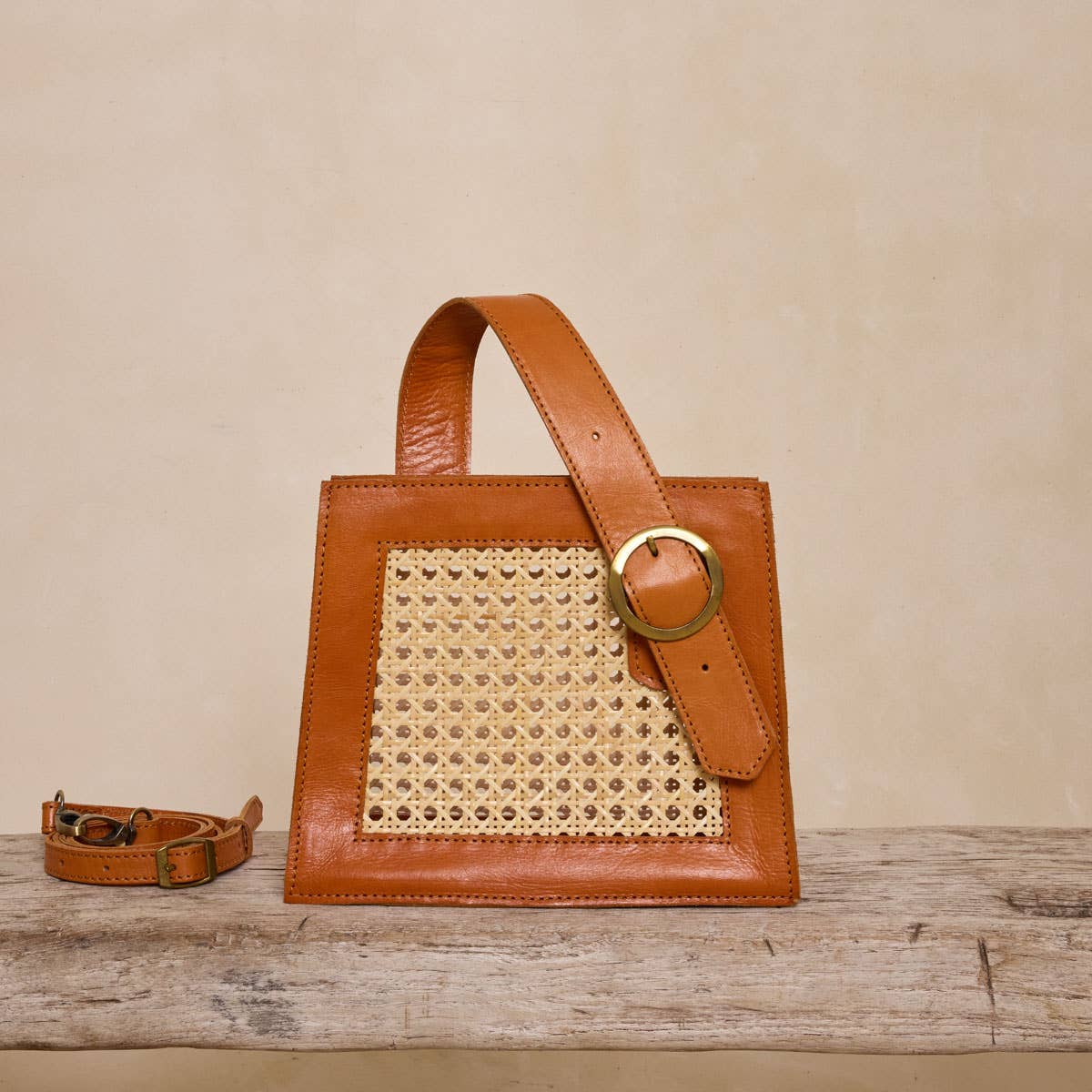 Brown Cane Handbag with Buckle