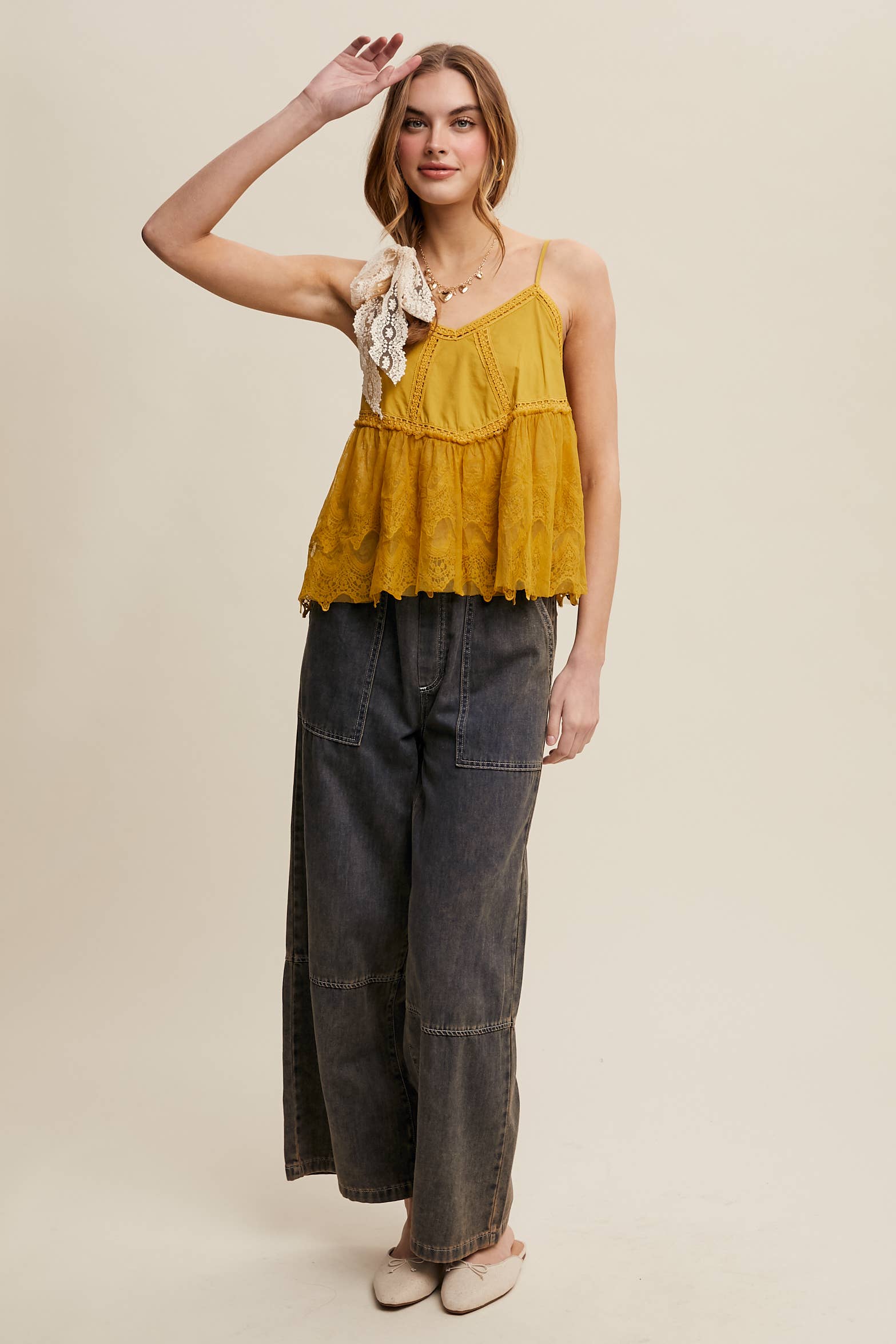 Wide-Leg Denim Drawstring Pants