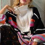 High Collar Half Zipper Ethnic Color Block Pullover Sweater