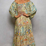 Long Sleeve Shirred Neckline Maxi Length Woven Printed Dress