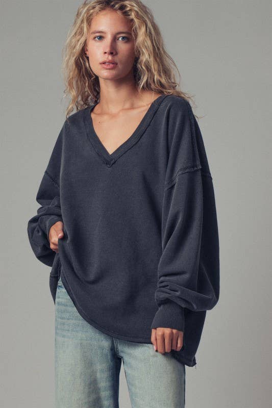 Raw Edge V-Neck Oversized Sweatshirt