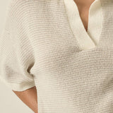 Striped Rib-Knit Collared Split-Neck Top