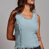 Frayed Trim Textured Knit Sleeveless Top
