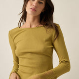 Solid Ribbed Knit Long-Sleeve Lace-Cuff Fitted Top