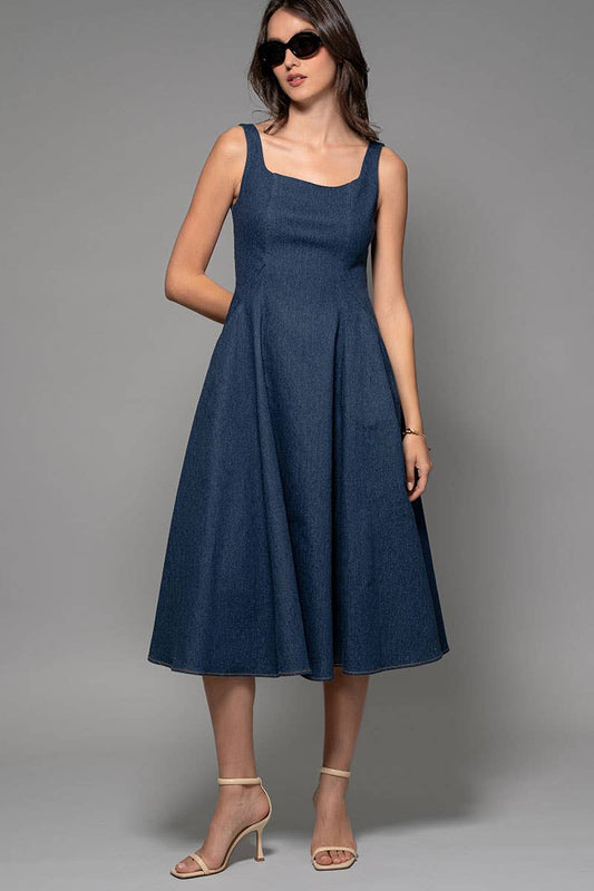 Square Neck Denim A-Line Midi Dress