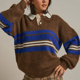 Striped Rugby Polo Sweater With Contrast Collar
