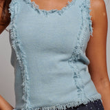 Frayed Trim Textured Knit Sleeveless Top