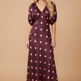 SATIN POLKA-DOT V NECK MAXI DRESS