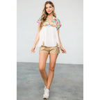Embroidered Babydoll Tassel Tie Top