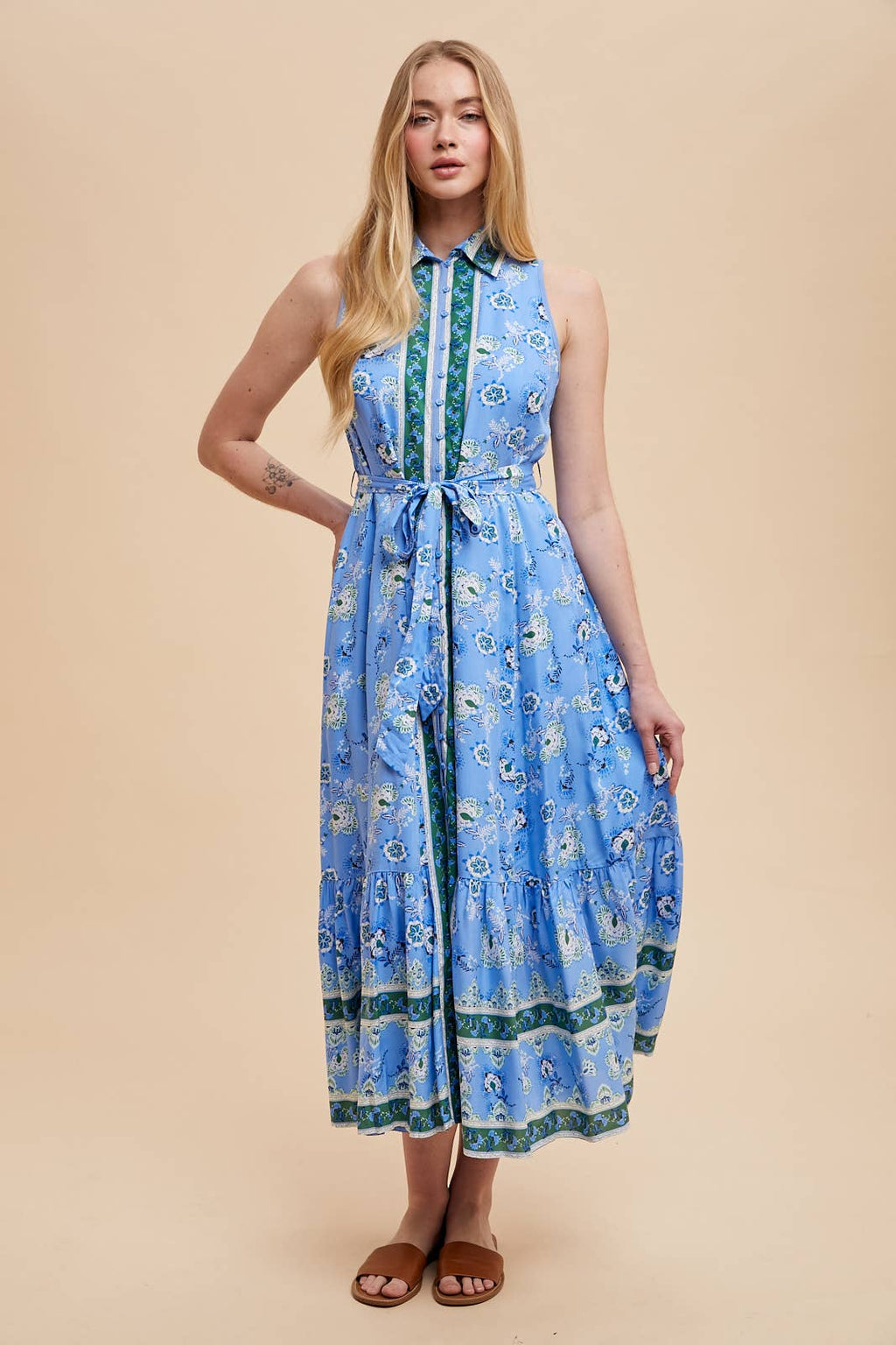 Printed Lapel Button Down Maxi Dress
