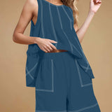 Casual Summer Contrast Stitch Tank Top And Shorts Set