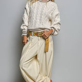 Cable Knit Crewneck Contrast Trim Sweater Top