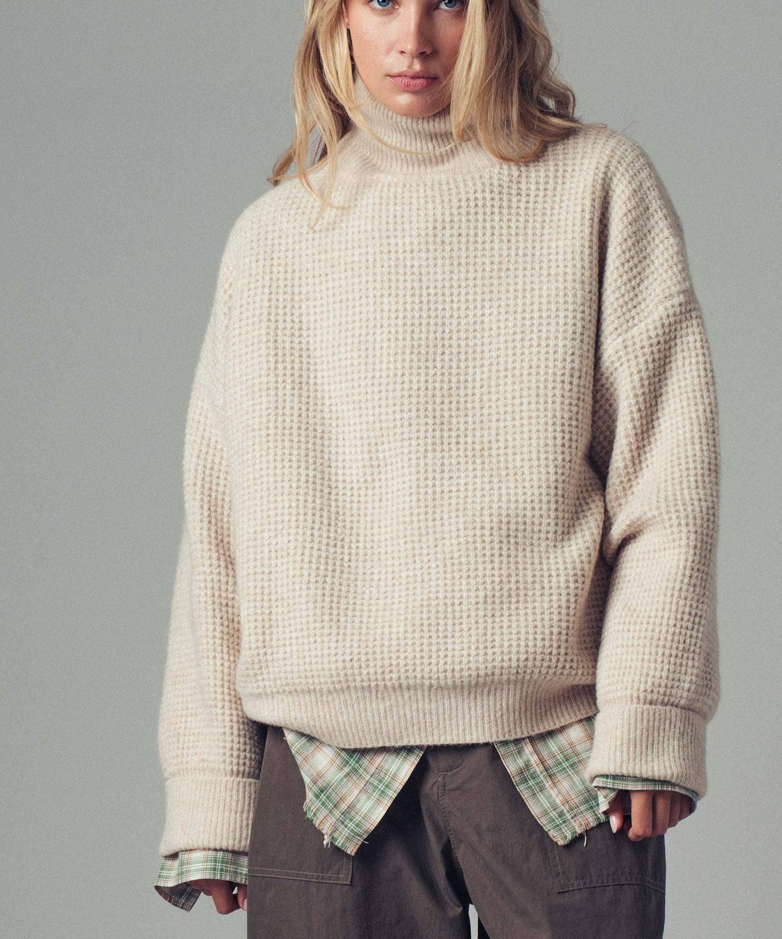 Relaxed Waffle Knit High Neck Sweater