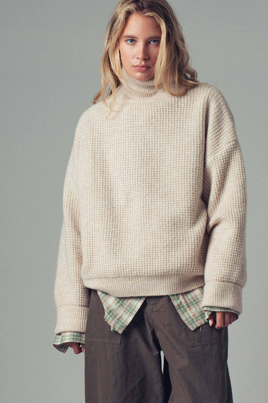 Relaxed Waffle Knit High Neck Sweater
