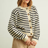 J6774   STRIPED PATTERN BUTTON FRONT KNITTED CARDIGAN
