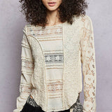 Long Sleeve Round Neck Lace Texture Knit Slim Fit Top