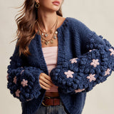 Hand Knit Floral Bobble Sleeve Cardigan LSW1097