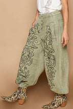 Floral Embroidered Twill Pants