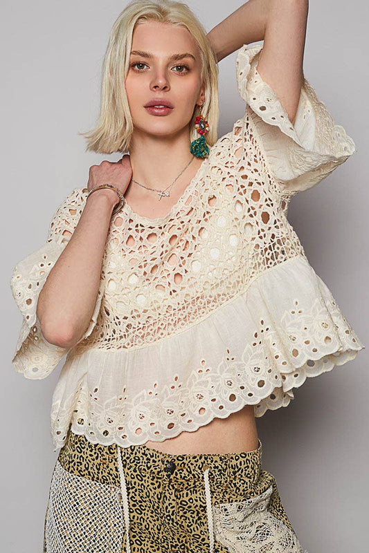 Floral Eyelet Cropped Blouse