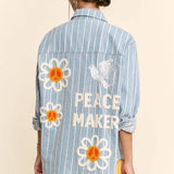 Plus - Striped Peace Maker Daisy Applique Button-Down Shirt