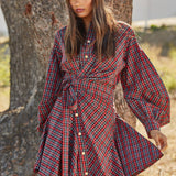ASYMMETRICAL RUCHED DETAILING PLAID WRAP SHIRT DRESS FD31556