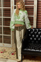 Mock Neck Lime & Cream Cropped Sweater