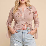 Multi Print Long Sleeve Mesh Henley Top