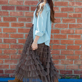 Plaid Mesh Ruffle Maxi Skirt - RS1106