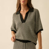 Striped Rib-Knit Collared Split-Neck Top