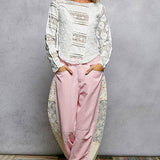 Long Sleeve Round Neck Lace Texture Knit Slim Fit Top