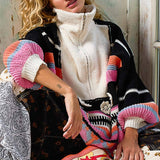 High Collar Half Zipper Ethnic Color Block Pullover Sweater