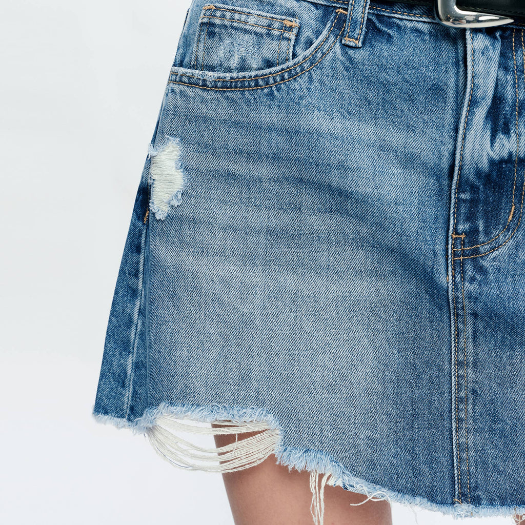 A-Line Denim Frayed Hem Mini Skirt
