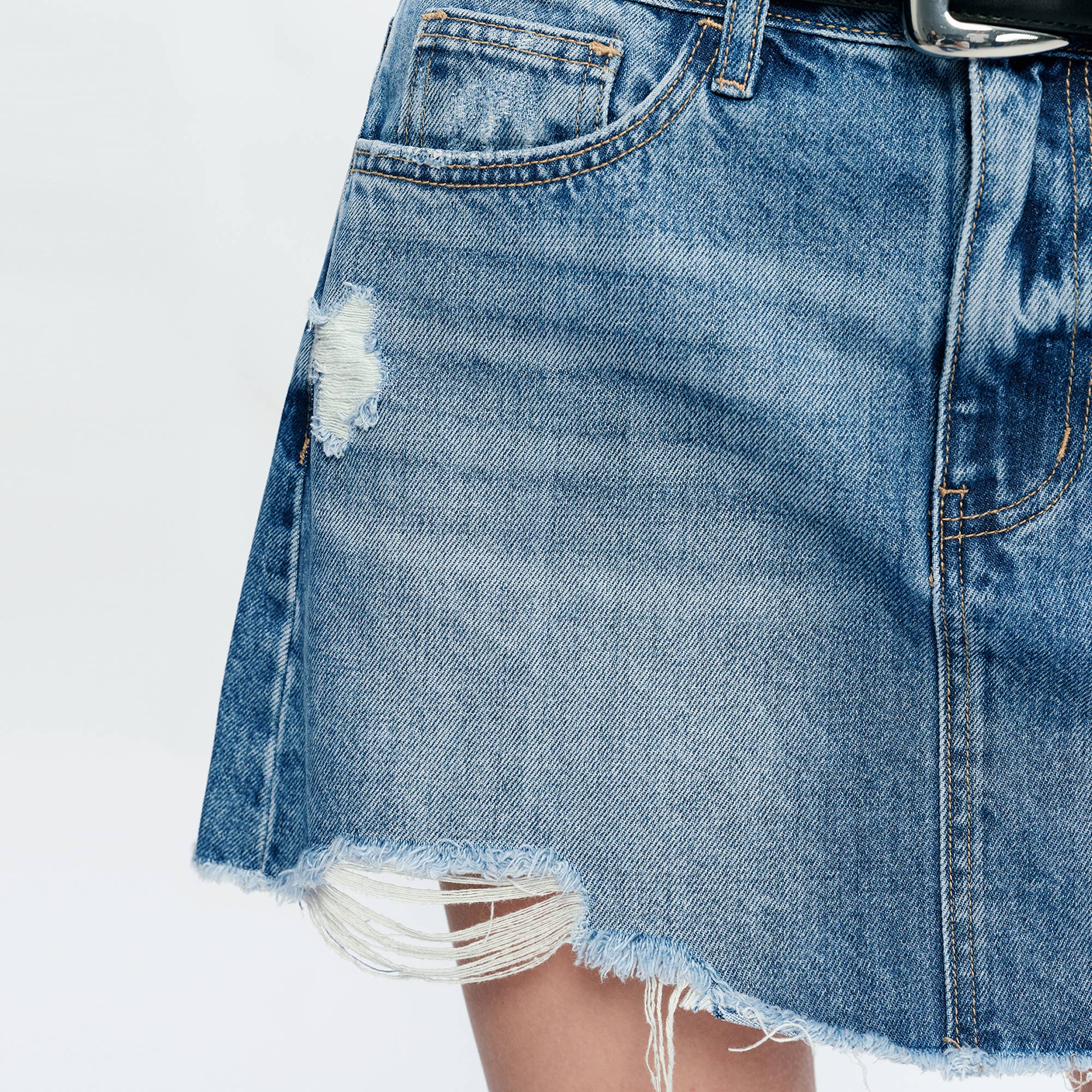 A-Line Denim Frayed Hem Mini Skirt