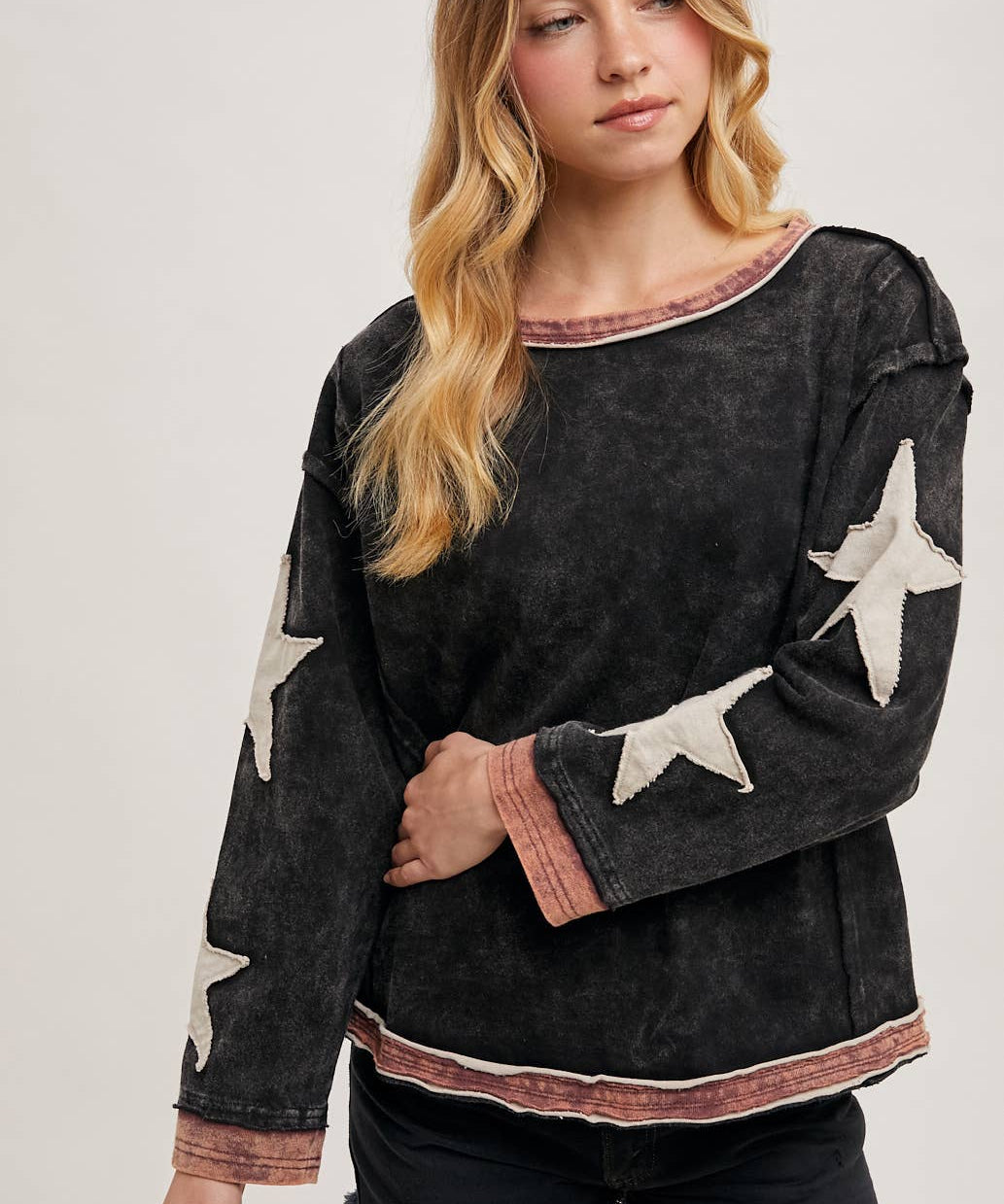Star Sleeved Washed Knit Pullover