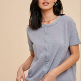 Garment Washed Button Front Lace Trim Top