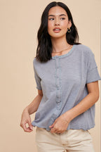 Garment Washed Button Front Lace Trim Top