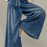 Pleated Wide-Leg Button Closure Pants