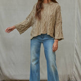 Quarter Sleeve Loose Cable Knit Sweater