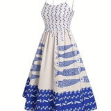 Mackerel print smocked sundress seaside ocean strap dress