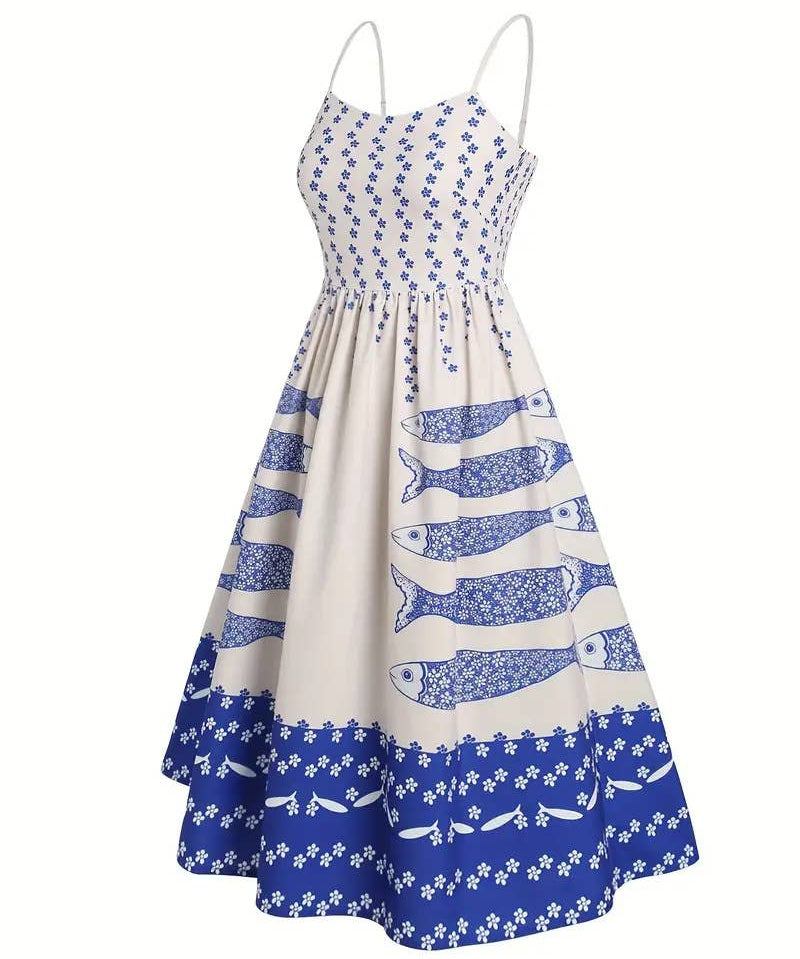 Mackerel print smocked sundress seaside ocean strap dress