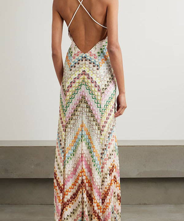 Bohemian Herringbone Spaghetti Strap Crochet Maxi Dress