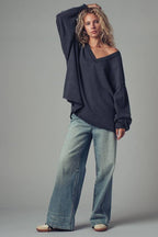 Raw Edge V-Neck Oversized Sweatshirt